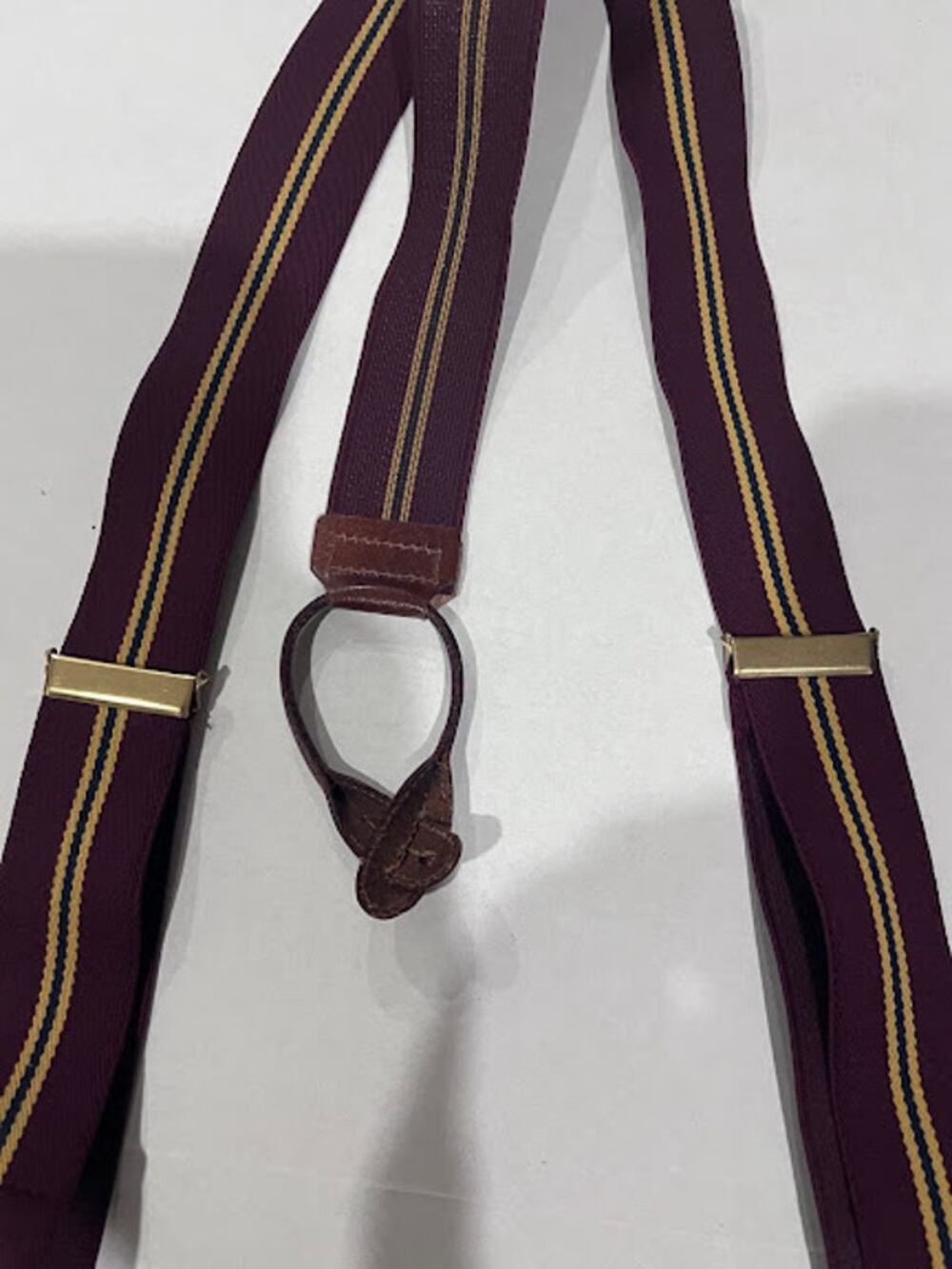 Suspenders Braces Polyester Maroon Navy Gold Stripes Brown Leather Expandable